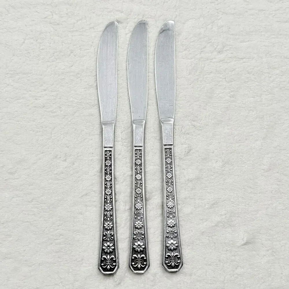 3 Interpur FLORENZ Stainless 8 Petal Black Textured Dinner Knives Korea Flatware
